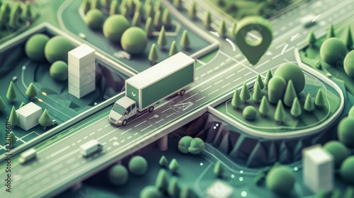 An illustration representing green logistics or transportation technology, featuring a GPS pointer and a transportation vehicle. photo