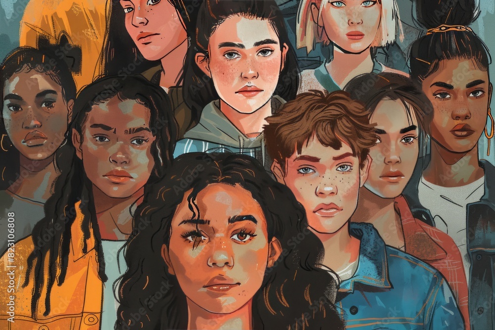 illustration of a group of diverse young people, diversity, inclusion, LGBTQ , non-binary
illustration of a group of diverse young people, diversity, inclusion, LGBTQ , non-binary