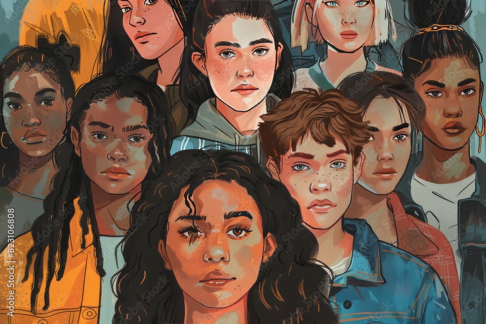 illustration of a group of diverse young people, diversity, inclusion, LGBTQ , non-binary 
