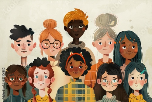 illustration of a group of diverse young people, diversity, inclusion, LGBTQ , non-binary 