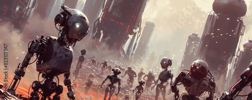 The robot revolution concept illustration, depicting AI machines fighting against humans. This sci-fi artwork shows robots and cyborgs capturing Earth, illustrating an apocalyptic scenario of #823107047