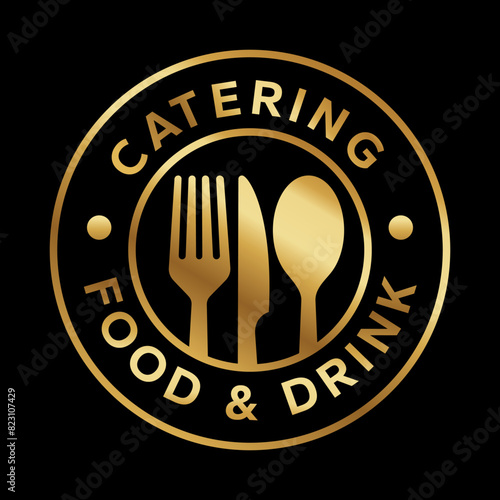 Catering vector logo badge. Cater service sign, outdoor dinner, restaurant business retro design with hand written modern calligraphy. Elegant lettering logotype, vintage style.
