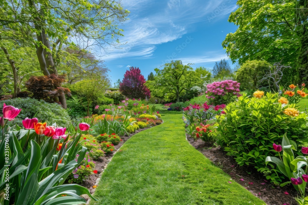 Naklejka premium Sunlit Garden with Blooming Flowers