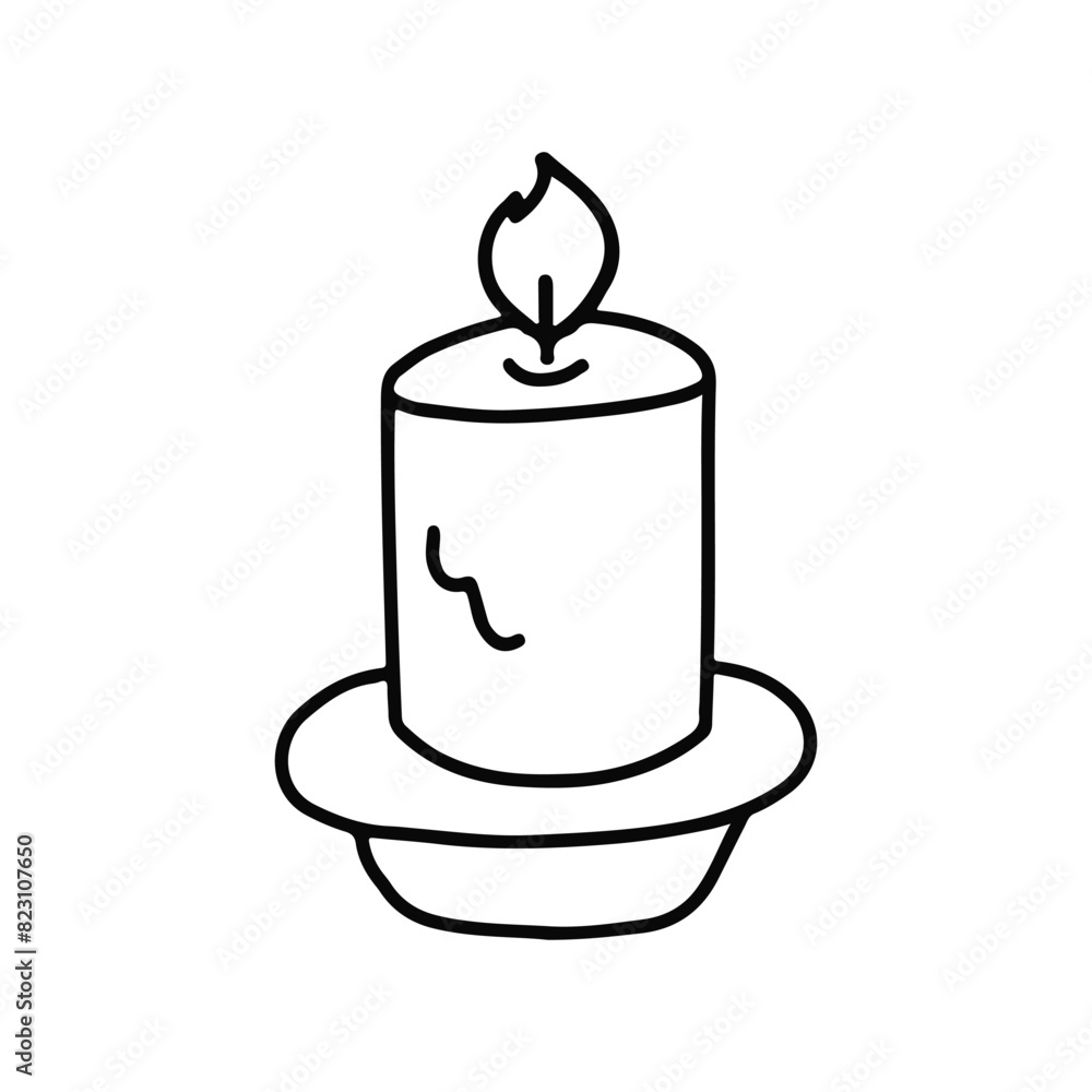 Detailed Black and White Drawing of a Burning Candle on a Plate Detailed Black and White Drawing of a Burning Candle on a Plate