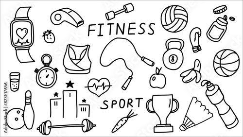 Doodle Art Displaying Various Fitness and Sports Equipment in Black and White