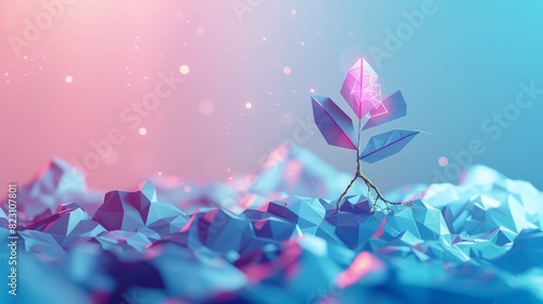 A futuristic polygonal illustration depicting digital evolution or the growth of a seedling. This concept symbolizes economic growth and the rise of startups. © Rattana
