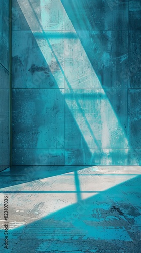 An illustration of a blue wall with rays  depicting an empty corridor  parking lot  or airport with ambient light. This abstract background features lines  concrete asphalt  and light reflections.