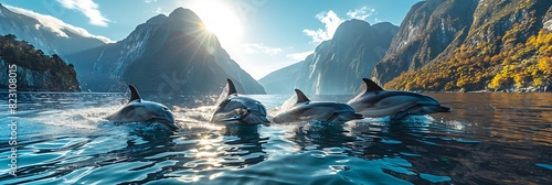 Amidst tranquil waters of New Zealand's fjords a pod of dolphins frolics in the cool ocean breeze photo