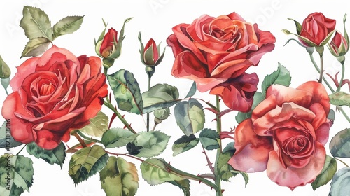 Delicate watercolor illustrations showcase a stunning collection of roses in vibrant shades of red and burgundy  capturing the intricate beauty of garden flowers and leaves with meticulous detail.