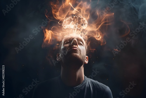 Man with fiery smoke emerging from his forehead against a dark background