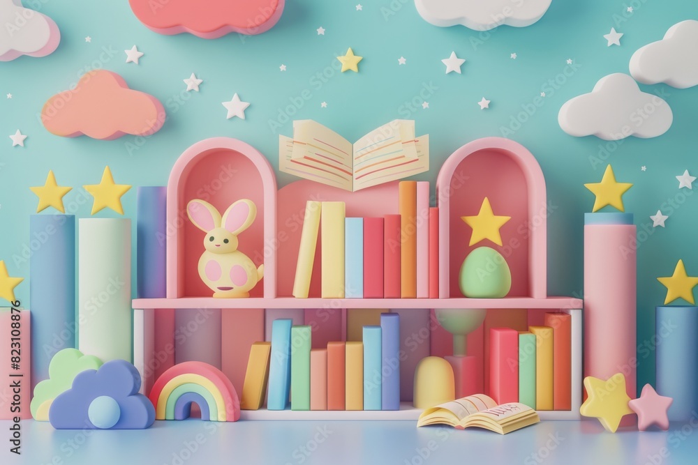 A bookshelf full of colorful books and toys in a dreamy and whimsical setting. A bookshelf full of colorful books and toys in a dreamy and whimsical setting.