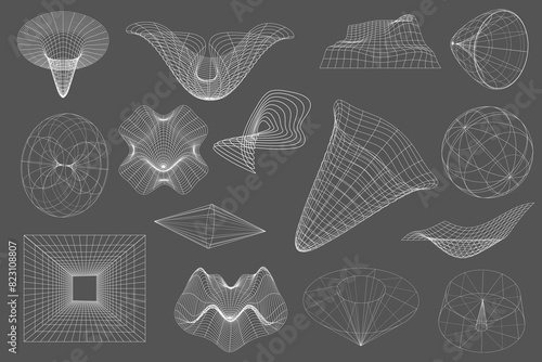 Retro futuristic y2k geometry design elements collection. 3d shapes, wireframe, cyberpunk windows and perspective grids. Aesthetic y2k geometric elements and wireframe shapes