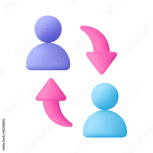 Persons and rounded arrow. Delegating, distribution, employee staff turnover, and job rotation. Change and switch user. Human resources concept. 3d vector icon. Cartoon minimal style.