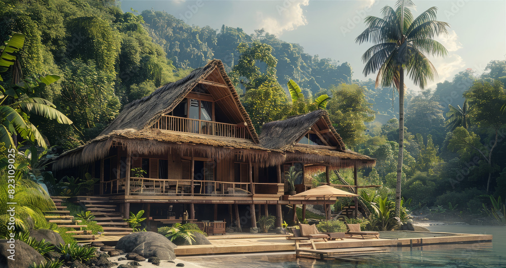A wooden cabin with mud walls and sloping roofs with palm leaf thatching in the jungle, with terraces and a pool on a sunny day. Generative AI.
