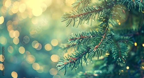 Close-up of Blurred Christmas Tree Branches with Bokeh Lights