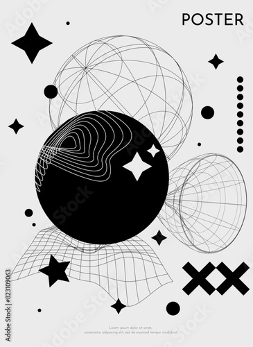 Futuristic retro vector minimalistic Posters with strange wireframes graphic assets of geometrical shapes. Modern y2k design. Surreal black line and cicrle geometry figures. photo