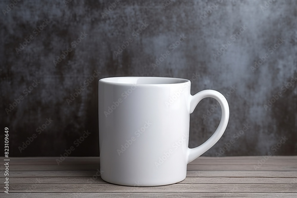 Minimalist white ceramic mug on wooden table against textured dark gray background, perfect for hot beverages and branding mockups. Minimalist white ceramic mug on wooden table against textured dark gray background, perfect for hot beverages and branding mockups.
