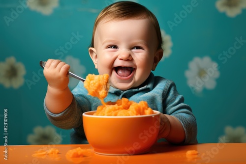 Happy baby clapping hands while being spoon-fed a nutritious sweet potato blend.