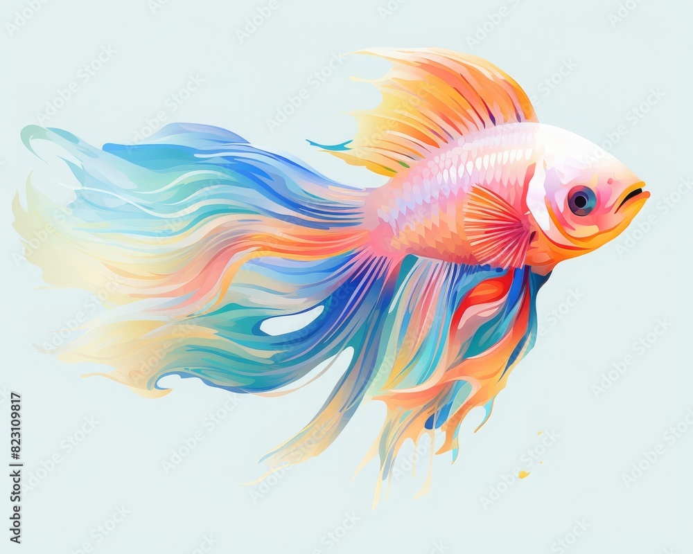 Vibrant, multicolored betta fish swimming with flowing fins on a light background, showcasing vivid, detailed textures and graceful motion. Vibrant, multicolored betta fish swimming with flowing fins on a light background, showcasing vivid, detailed textures and graceful motion.