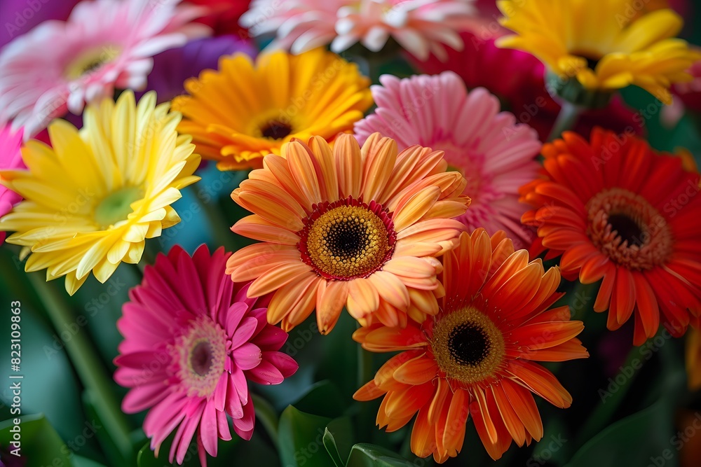 Colorful flowers sit in vase on table Colorful flowers sit in vase on table