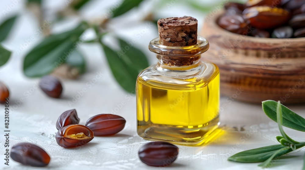 Jojoba Oil in Transparent Glass Bottle with Greenery Backdrop for Moisturizing and Skin Nourishment Jojoba Oil in Transparent Glass Bottle with Greenery Backdrop for Moisturizing and Skin Nourishment