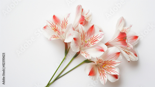 White and red Alstroemeria flowers with striped petals on green stems against a plain white background  showcasing their delicate and vibrant beauty.