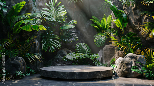 Natural backdrop featuring a stone podium and lush foliage, suitable for luxury product displays
