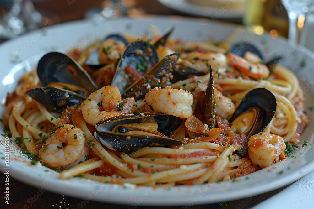 Frutti di Mare: A seafood pasta dish with mussels, clams, shrimp, and squid in a light tomato sauce. Frutti di Mare: A seafood pasta dish with mussels, clams, shrimp, and squid in a light tomato sauce.