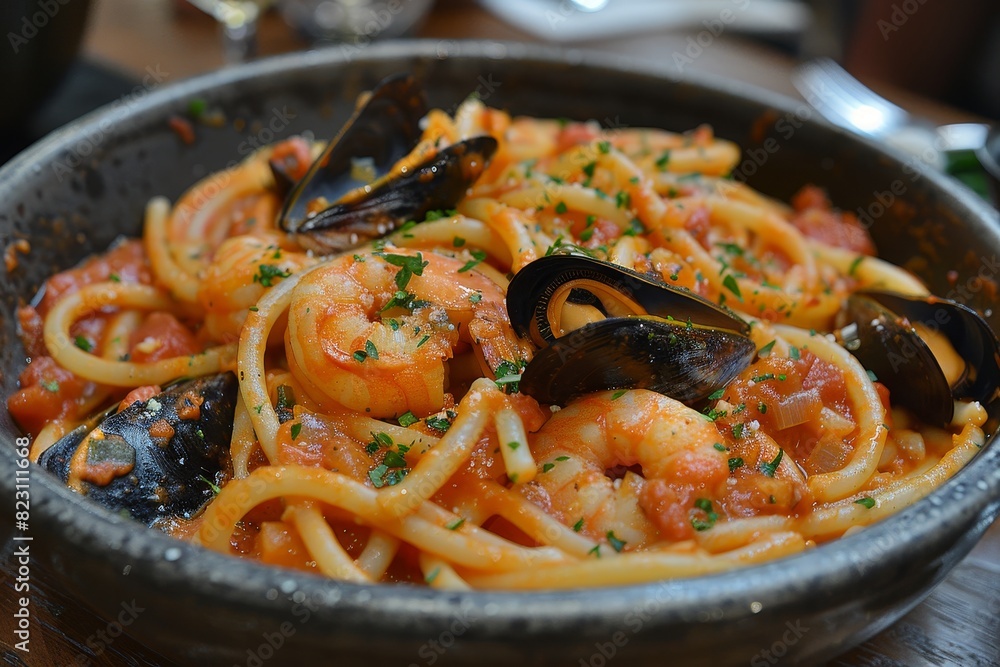 Frutti di Mare: A seafood pasta dish with mussels, clams, shrimp, and squid in a light tomato sauce. Frutti di Mare: A seafood pasta dish with mussels, clams, shrimp, and squid in a light tomato sauce.