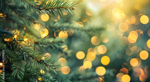 Close-up of Pine Tree Branches with Lights and Bokeh Effect