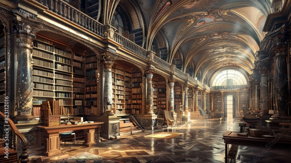 An ancient library filled with towering bookshelves, leather-bound volumes