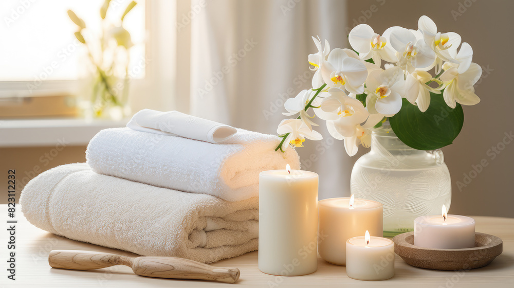 Serene Spa Ambiance with Orchids and Candles Serene Spa Ambiance with Orchids and Candles