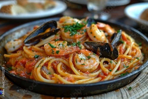 Frutti di Mare: A seafood pasta dish with mussels, clams, shrimp, and squid in a light tomato sauce.  photo