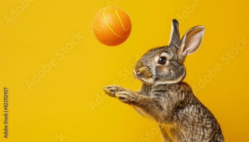 A brown rabbit is playing with an orange ball on a yellow background