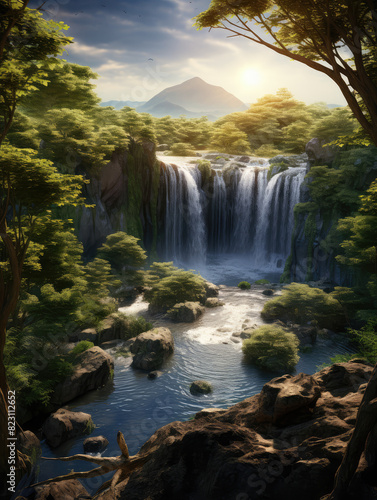 Serene Sunset Over Majestic Waterfalls Landscape