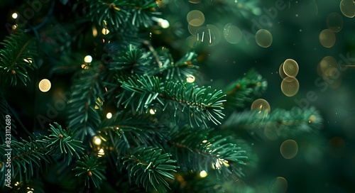Close-up of Green Pine Tree Branches with Lights
