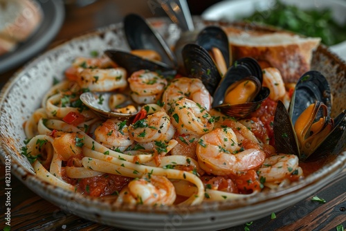 Frutti di Mare: A seafood pasta dish with mussels, clams, shrimp, and squid in a light tomato sauce. 