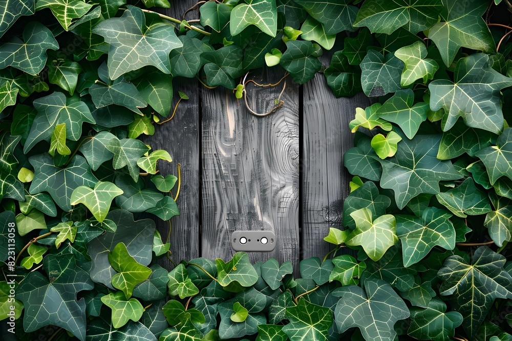 Close up of wooden door surrounded by lush green leaves Close up of wooden door surrounded by lush green leaves