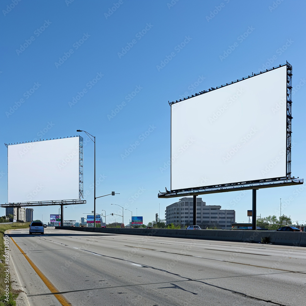 Major urban expressway features two ultra-wide vertical blank billboards against a clear sky. Major urban expressway features two ultra-wide vertical blank billboards against a clear sky.