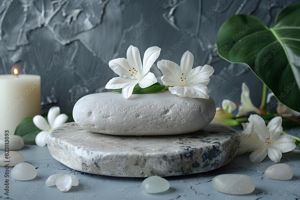 Two white flowers on a stone with a candle Two white flowers on a stone with a candle