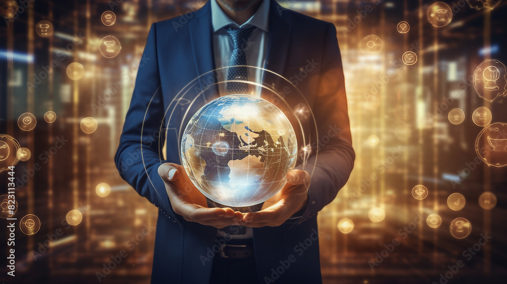 Global Business Strategy and Action Plan - Businessman Holding Virtual Globe with Strategic Icons for Success | Business Development Concept