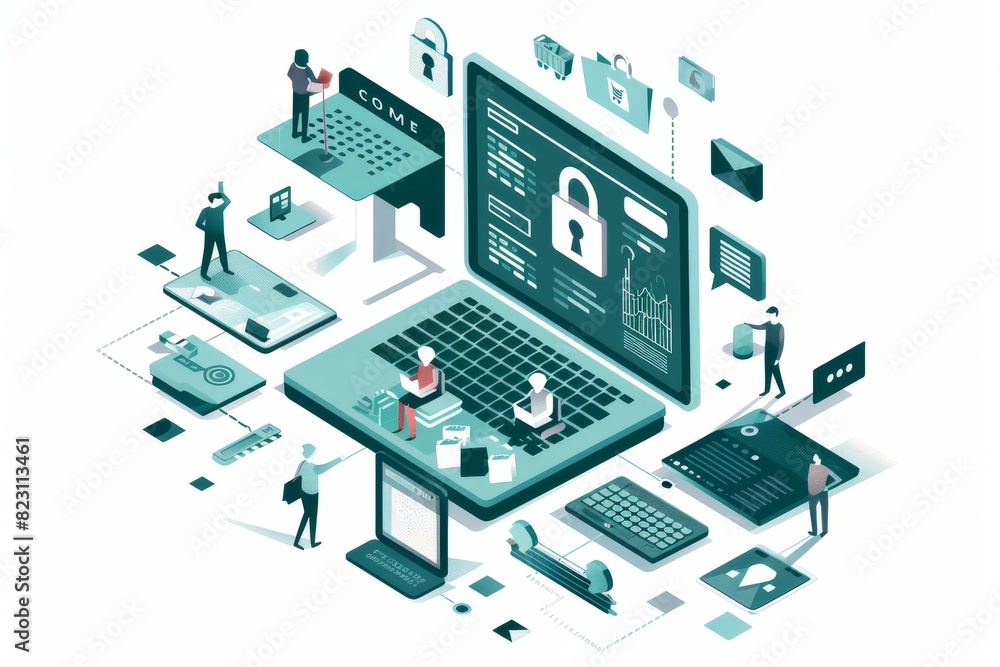 Futuristic illustration of a secure digital workspace Futuristic illustration of a secure digital workspace