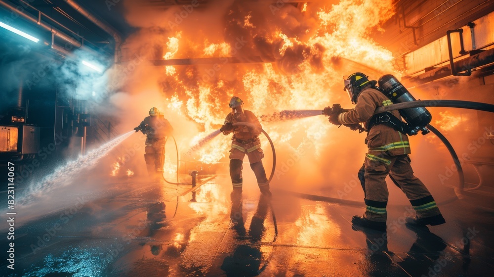 The fireman uses water and extinguisher to fight the fire flames during the attack. The fireman uses water and extinguisher to fight the fire flames during the attack.