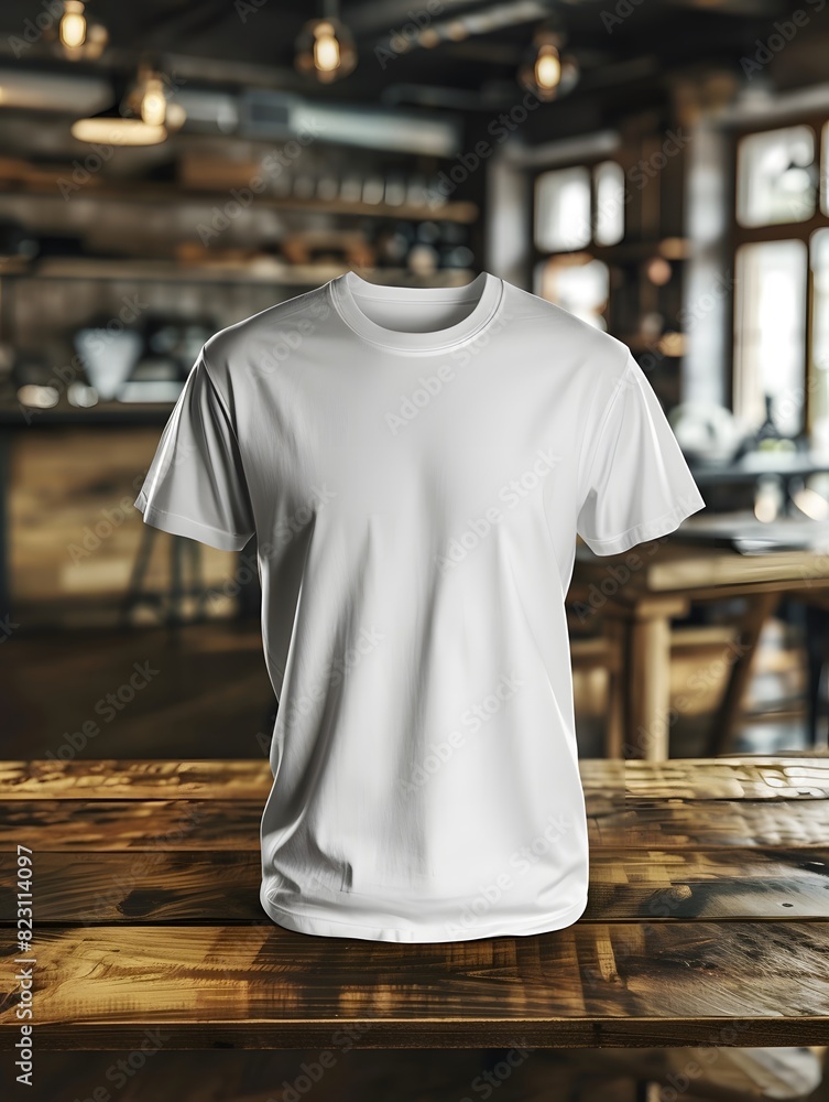 Plain White T-Shirt Displayed in Cozy Cafe Plain White T-Shirt Displayed in Cozy Cafe