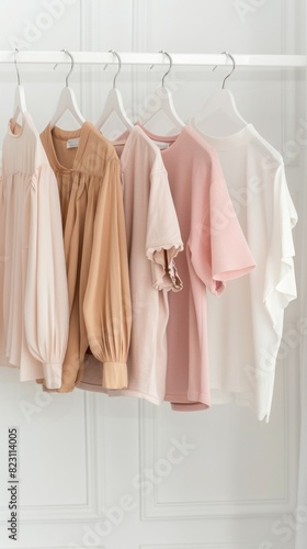 A row of clothes hanging on a rack, including a white shirt and a pink shirt © liliyabatyrova