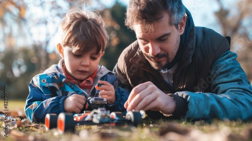 The father and his son are fixing toy cars outdoors after having fun racing them.