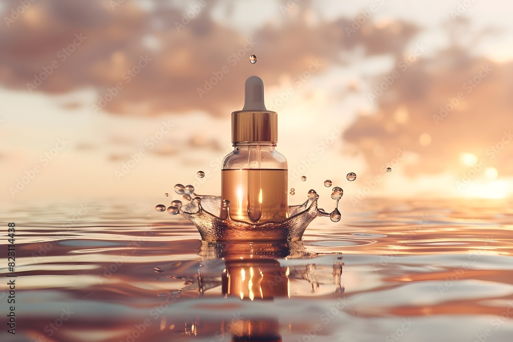 A close up of a bottle of liquid with a crown on top of water A close up of a bottle of liquid with a crown on top of water