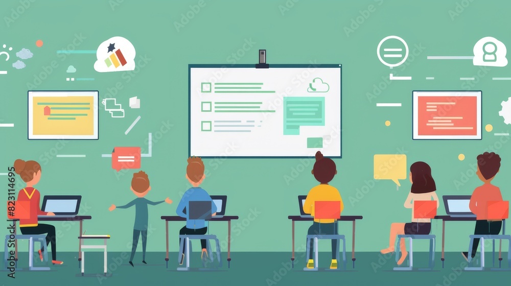 A lively classroom scene where children of various ethnicities engage with digital content on screens, highlighting modern educational methods. A lively classroom scene where children of various ethnicities engage with digital content on screens, highlighting modern educational methods.