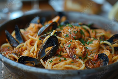 Frutti di Mare: A seafood pasta dish with mussels, clams, shrimp, and squid in a light tomato sauce. 