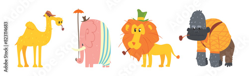Funny African Wild Animals from Safari Wear Clothing Vector Set